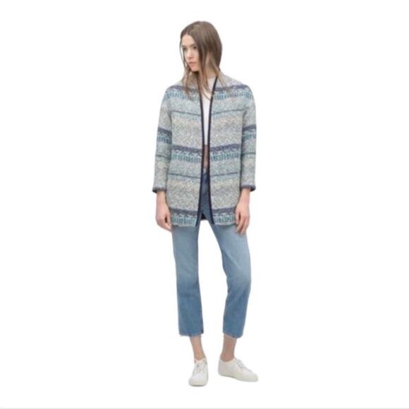 Zara Blue Blazer Jacket Tweed Jacquard Open Front Stripe White M - Picture 5 of 15